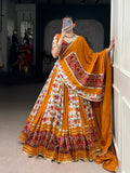 Lorenvalley Fashion Mustard Rayon with Printed Silk Patola Print with Gamthi Work and Lace Touch Up Lehenga Choli with Dupatta