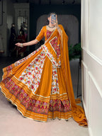Lorenvalley Fashion Mustard Rayon with Printed Silk Patola Print with Gamthi Work and Lace Touch Up Lehenga Choli with Dupatta