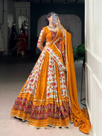 Lorenvalley Fashion Mustard Rayon with Printed Silk Patola Print with Gamthi Work and Lace Touch Up Lehenga Choli with Dupatta