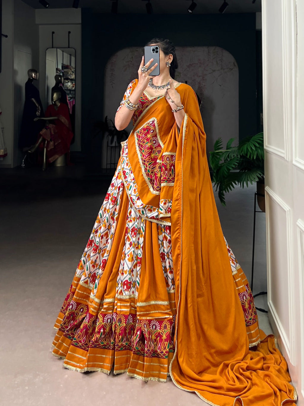 Lorenvalley Fashion Mustard Rayon with Printed Silk Patola Print with Gamthi Work and Lace Touch Up Lehenga Choli with Dupatta