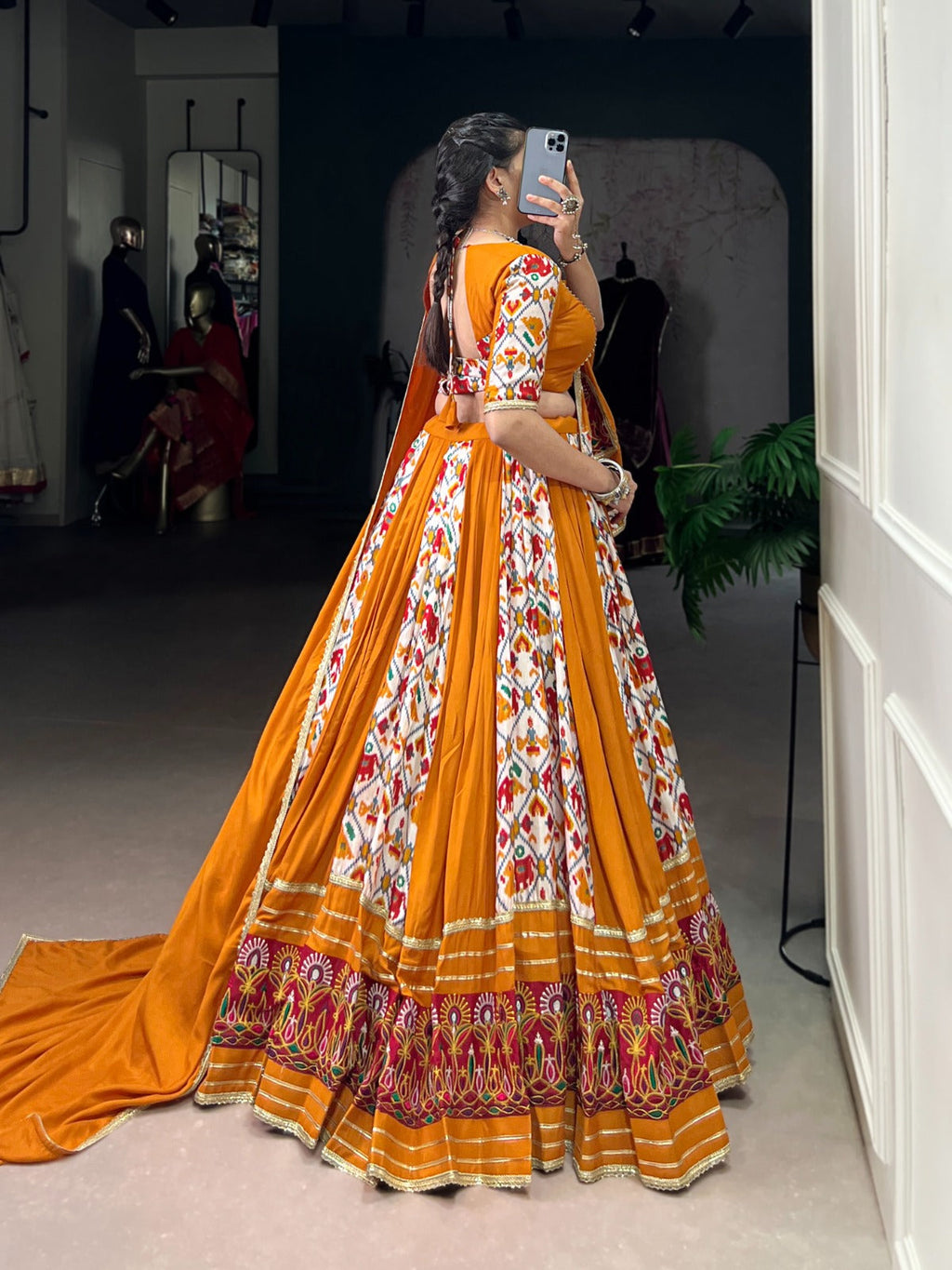 Lorenvalley Fashion Mustard Rayon with Printed Silk Patola Print with Gamthi Work and Lace Touch Up Lehenga Choli with Dupatta