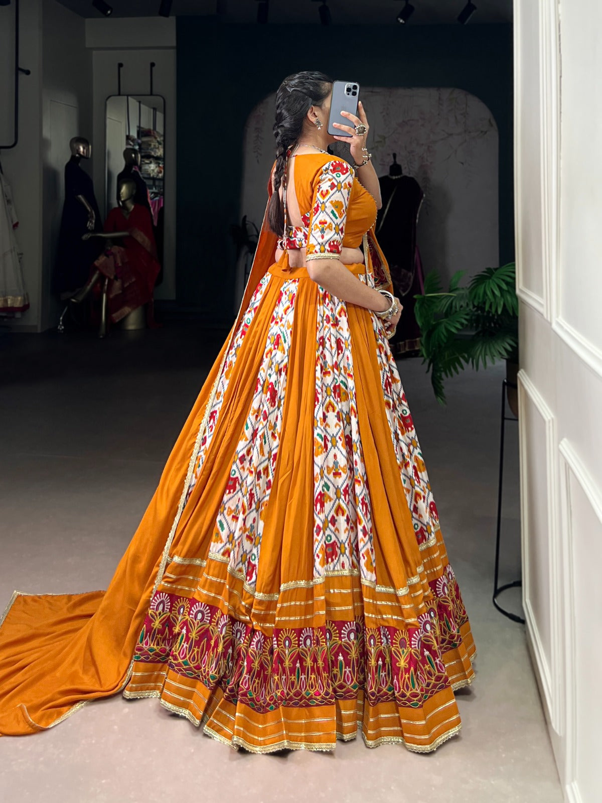 Lorenvalley Fashion Mustard Rayon with Printed Silk Patola Print with Gamthi Work and Lace Touch Up Lehenga Choli with Dupatta