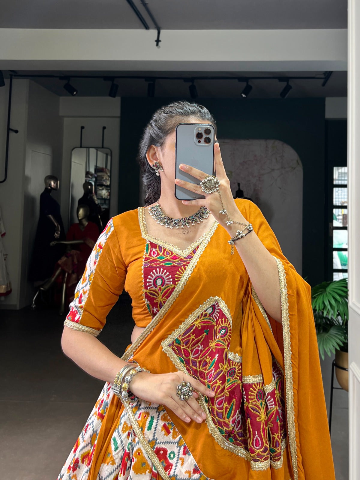 Lorenvalley Fashion Mustard Rayon with Printed Silk Patola Print with Gamthi Work and Lace Touch Up Lehenga Choli with Dupatta
