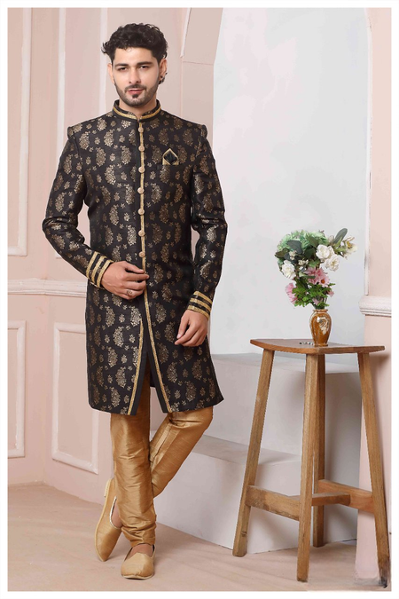 Raivat Ethnic Jacquard Silk Thread Work Indo Western In Black Colour