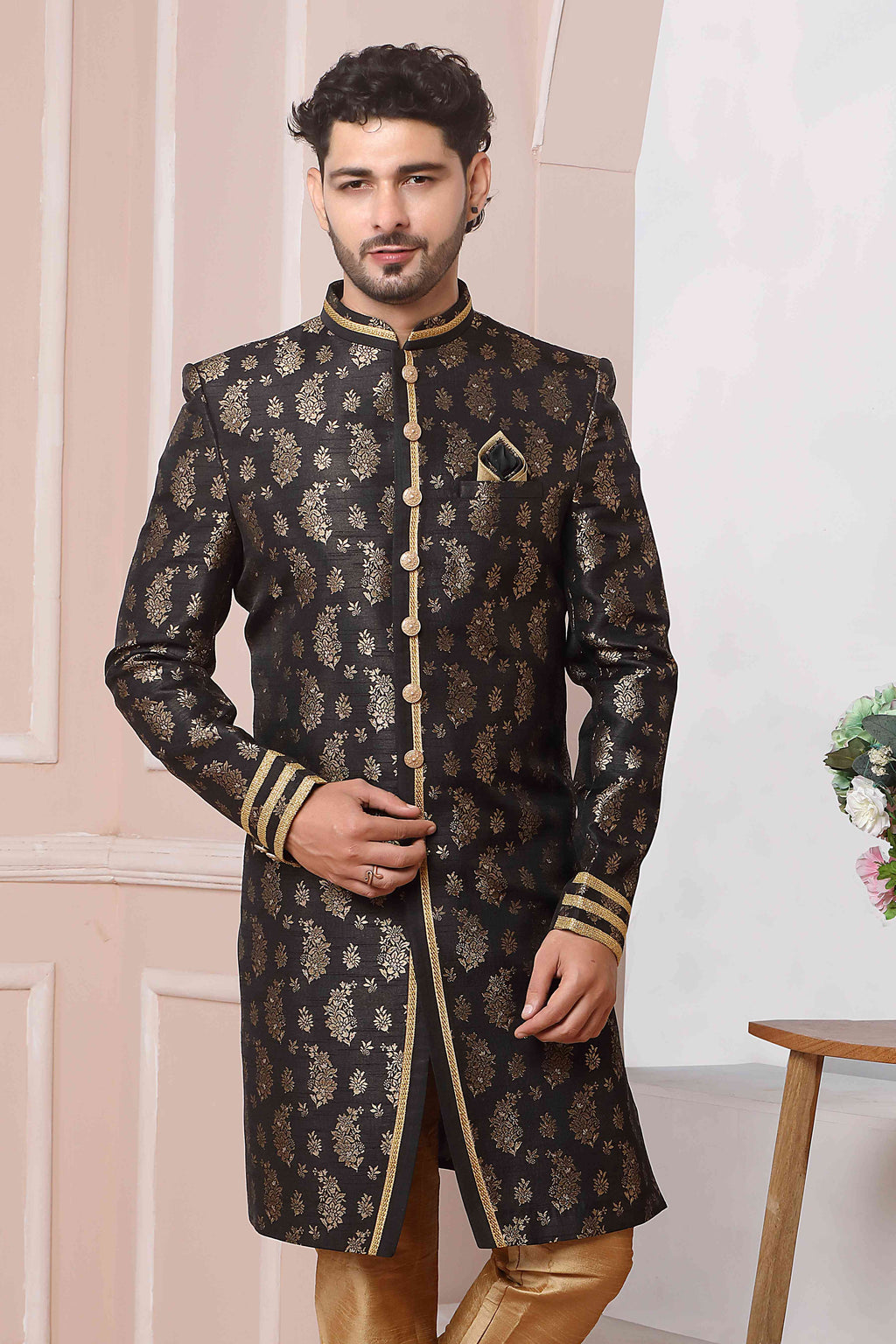 Raivat Ethnic Jacquard Silk Thread Work Indo Western In Black Colour - Distacart
