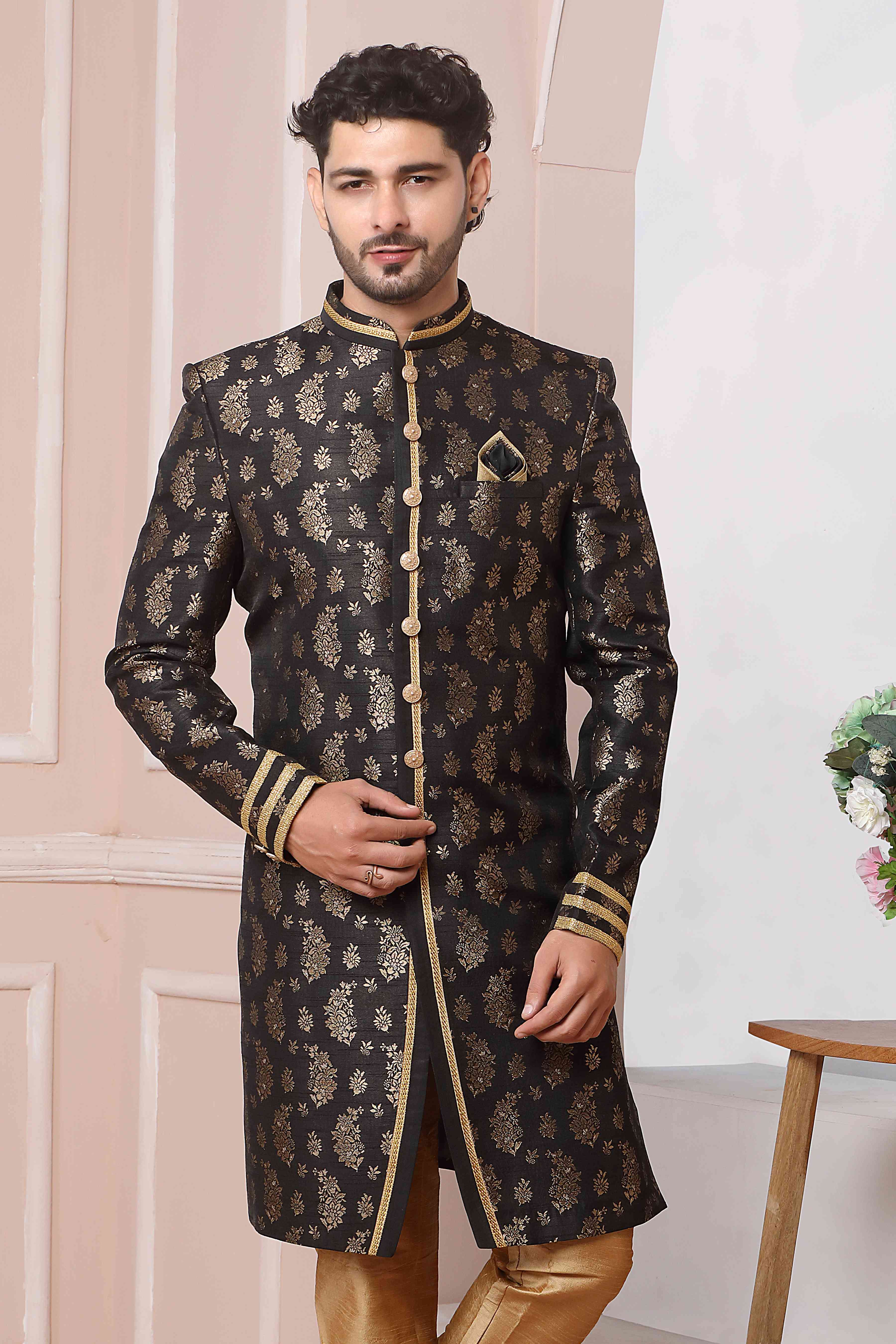Raivat Ethnic Jacquard Silk Thread Work Indo Western In Black Colour - Distacart