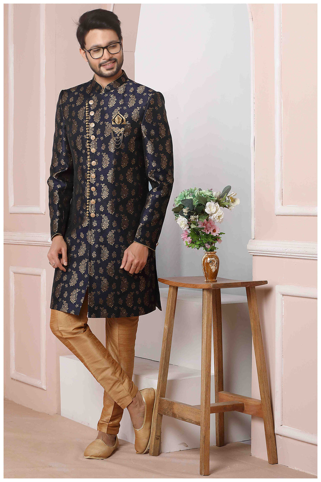 Raivat Ethnic Jacquard Silk Thread Work Indo Western In Blue Colour - Distacart