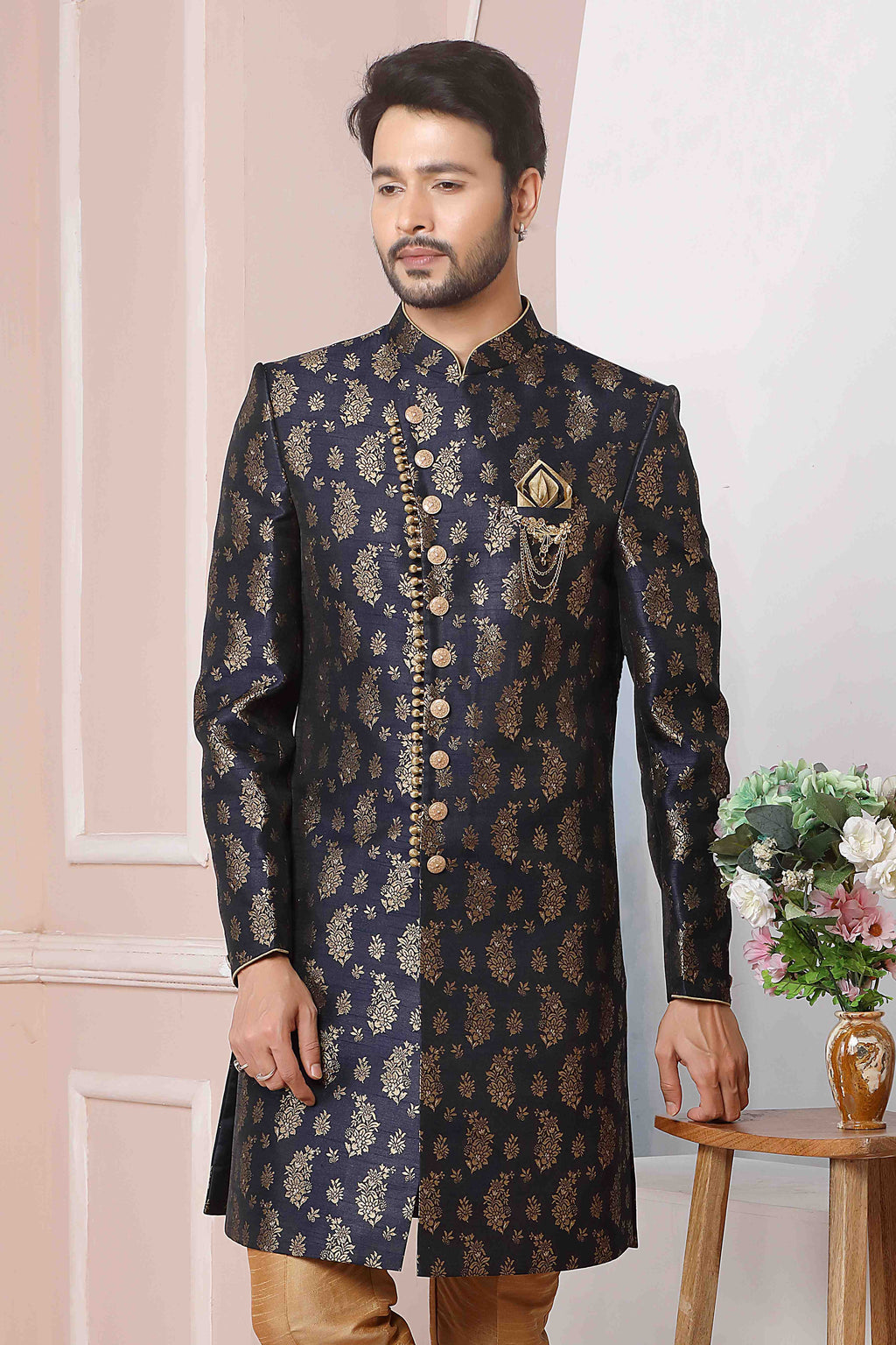 Raivat Ethnic Jacquard Silk Thread Work Indo Western In Blue Colour - Distacart