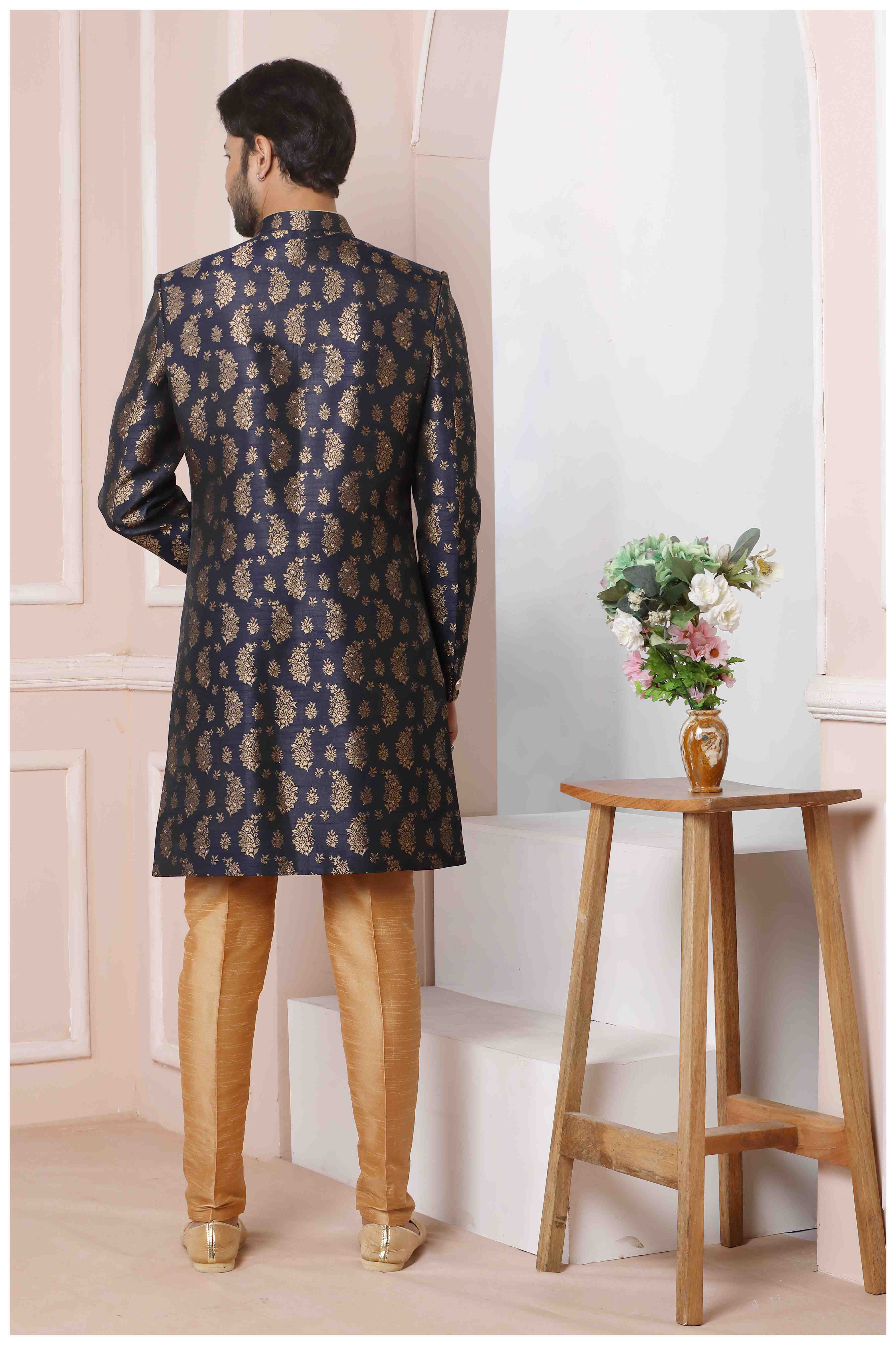 Raivat Ethnic Jacquard Silk Thread Work Indo Western In Blue Colour - Distacart