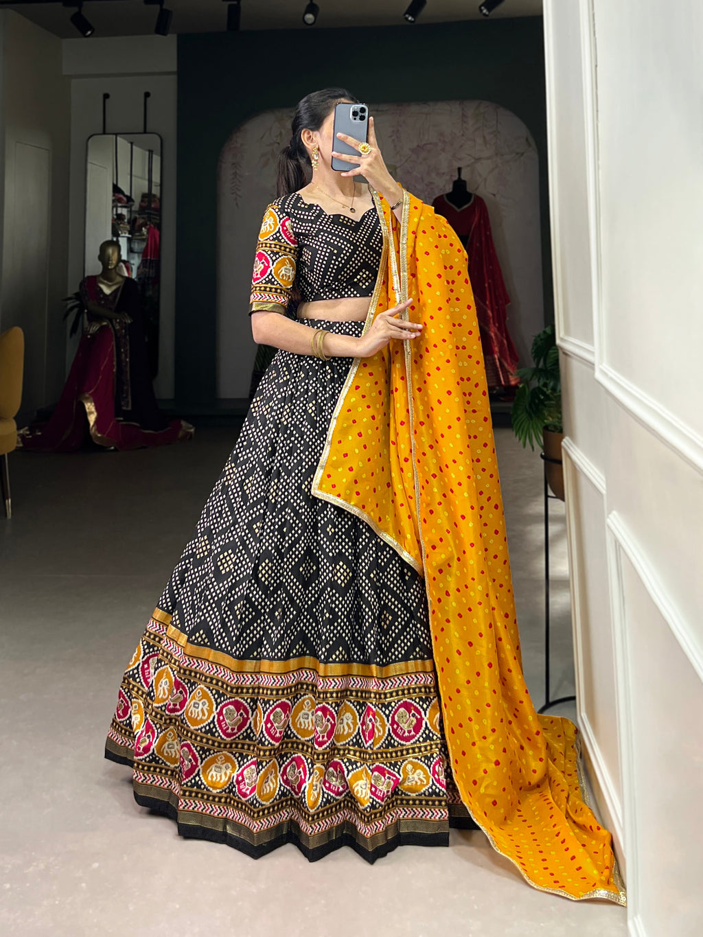 Lorenvalley Black Tussar Silk Bandhej and Patola Print with Foil Work Lehenga Choli with Dupatta