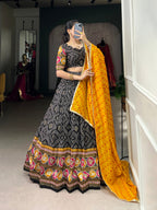 Lorenvalley Black Tussar Silk Bandhej and Patola Print with Foil Work Lehenga Choli with Dupatta