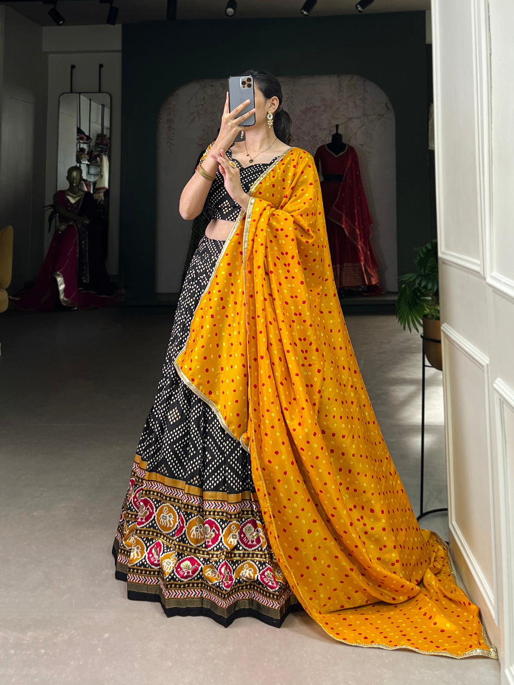 Lorenvalley Black Tussar Silk Bandhej and Patola Print with Foil Work Lehenga Choli with Dupatta