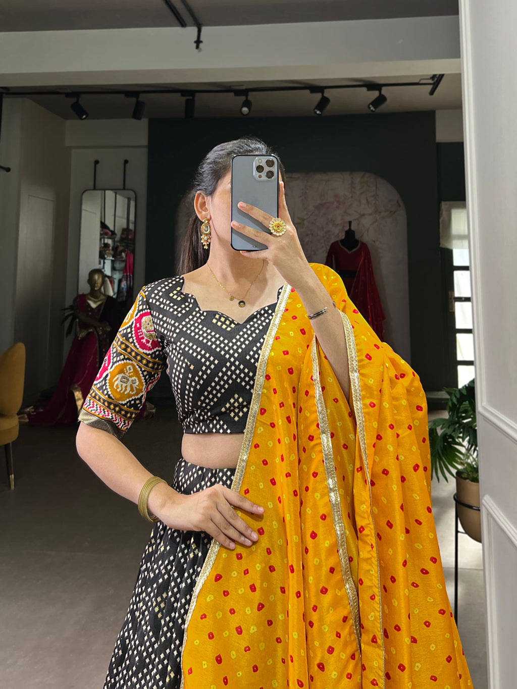 Lorenvalley Black Tussar Silk Bandhej and Patola Print with Foil Work Lehenga Choli with Dupatta
