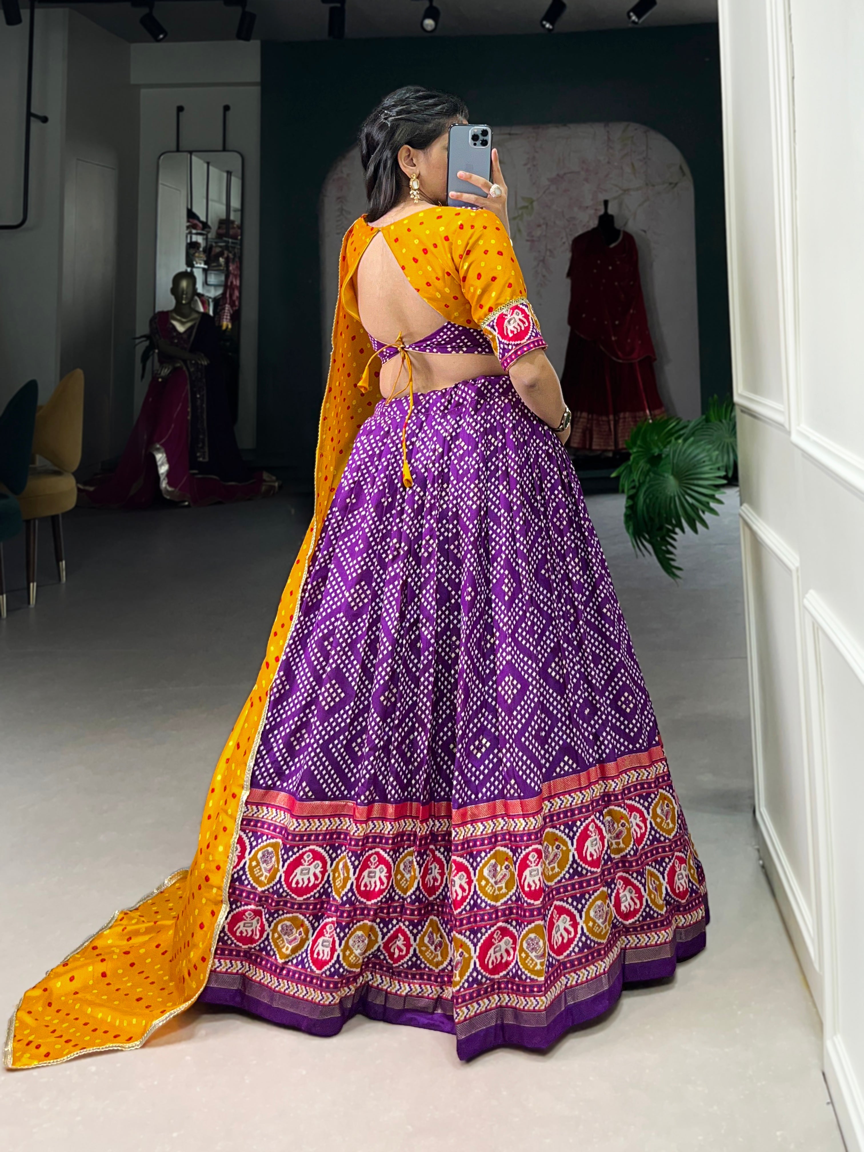 Lorenvalley Purple Tussar Silk Bandhej and Patola Print with Foil Work Lehenga Choli with Dupatta