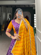 Lorenvalley Purple Tussar Silk Bandhej and Patola Print with Foil Work Lehenga Choli with Dupatta