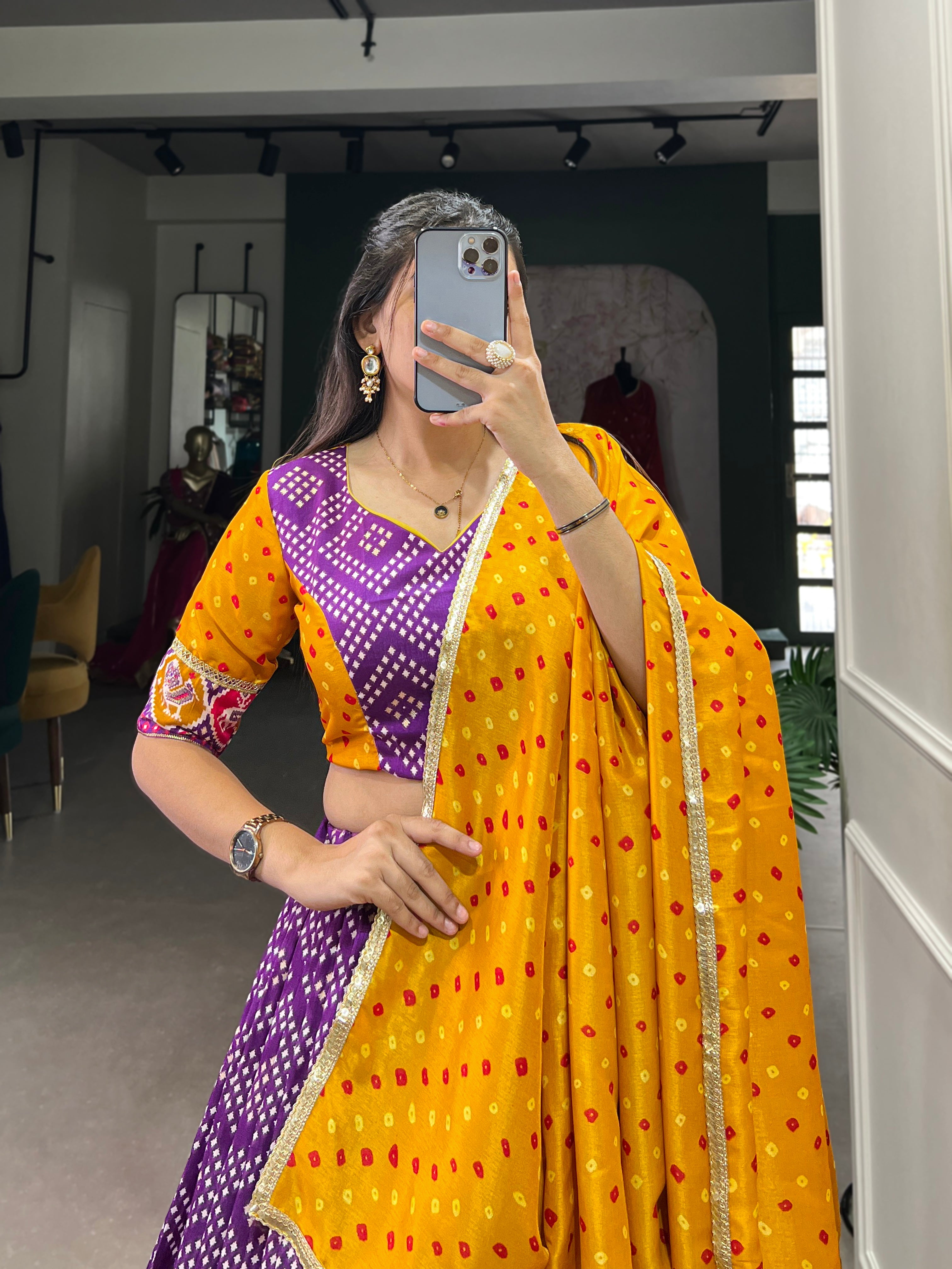 Lorenvalley Purple Tussar Silk Bandhej and Patola Print with Foil Work Lehenga Choli with Dupatta