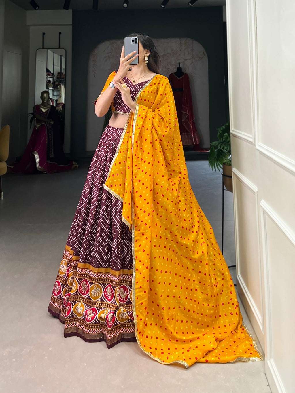 Lorenvalley Wine Tussar Silk Bandhej and Patola Print with Foil Work Lehenga Choli with Dupatta