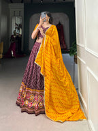 Lorenvalley Wine Tussar Silk Bandhej and Patola Print with Foil Work Lehenga Choli with Dupatta
