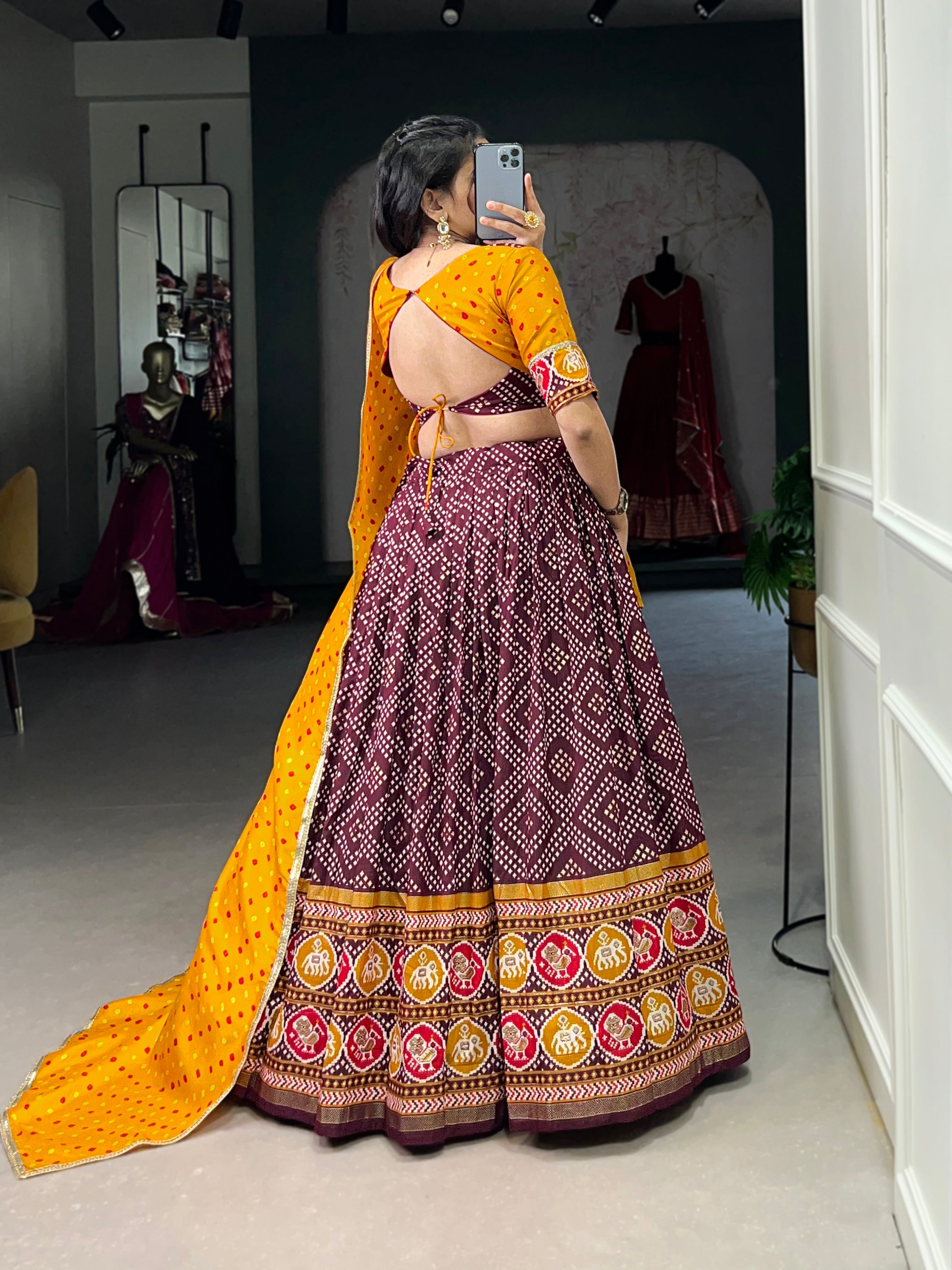 Lorenvalley Wine Tussar Silk Bandhej and Patola Print with Foil Work Lehenga Choli with Dupatta