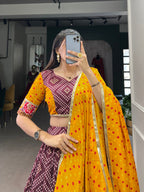 Lorenvalley Wine Tussar Silk Bandhej and Patola Print with Foil Work Lehenga Choli with Dupatta