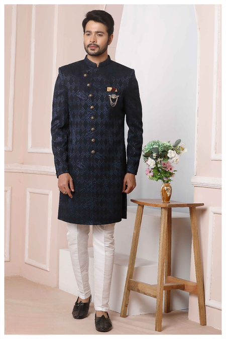 Raivat Ethnic Velvet Jacquard Silk Thread Work Indo Western In Blue Colour