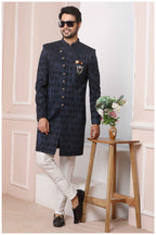 Raivat Ethnic Velvet Jacquard Silk Thread Work Indo Western In Blue Colour - Distacart