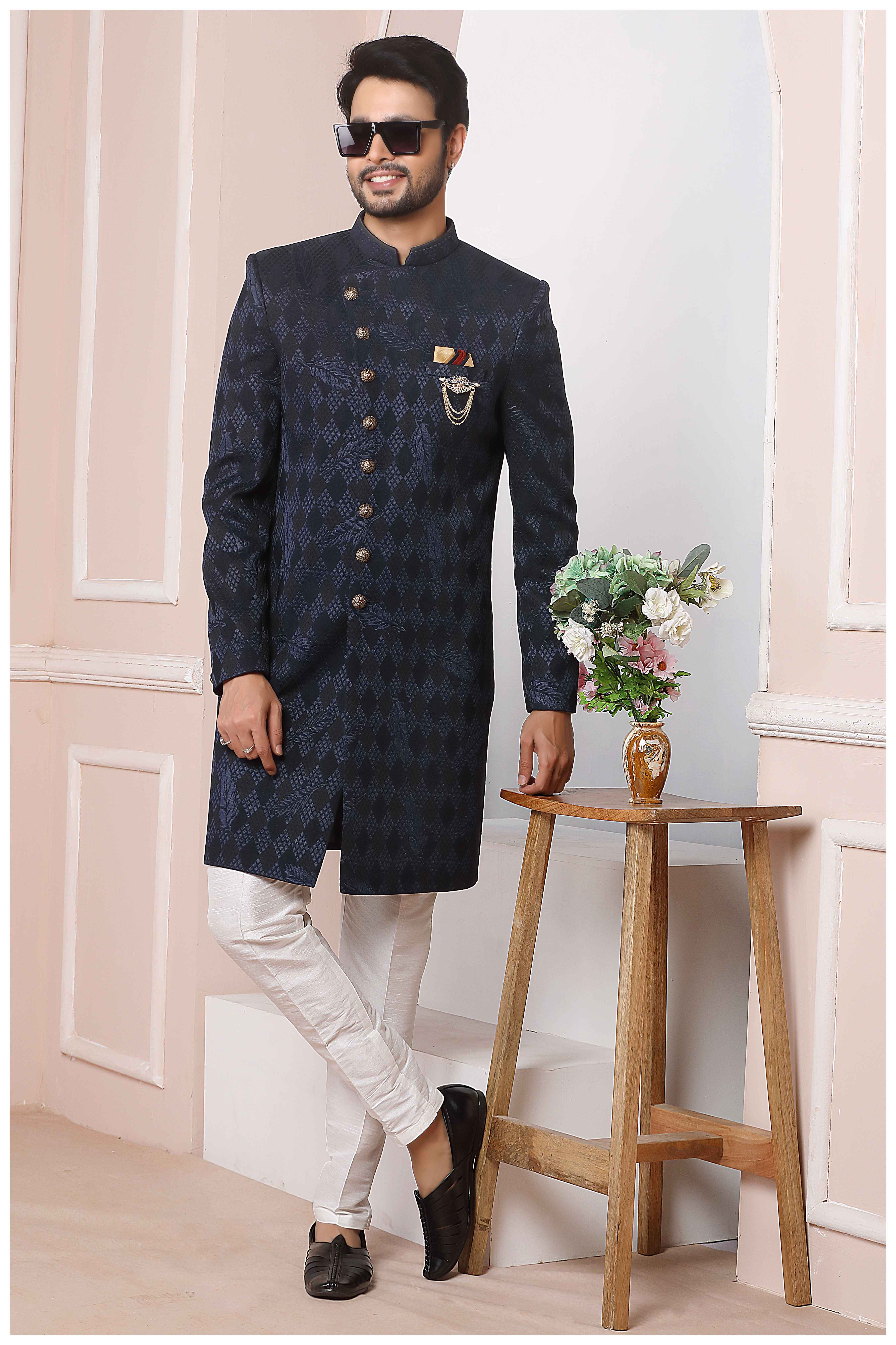 Raivat Ethnic Velvet Jacquard Silk Thread Work Indo Western In Blue Colour - Distacart