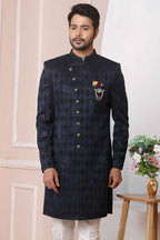 Raivat Ethnic Velvet Jacquard Silk Thread Work Indo Western In Blue Colour - Distacart