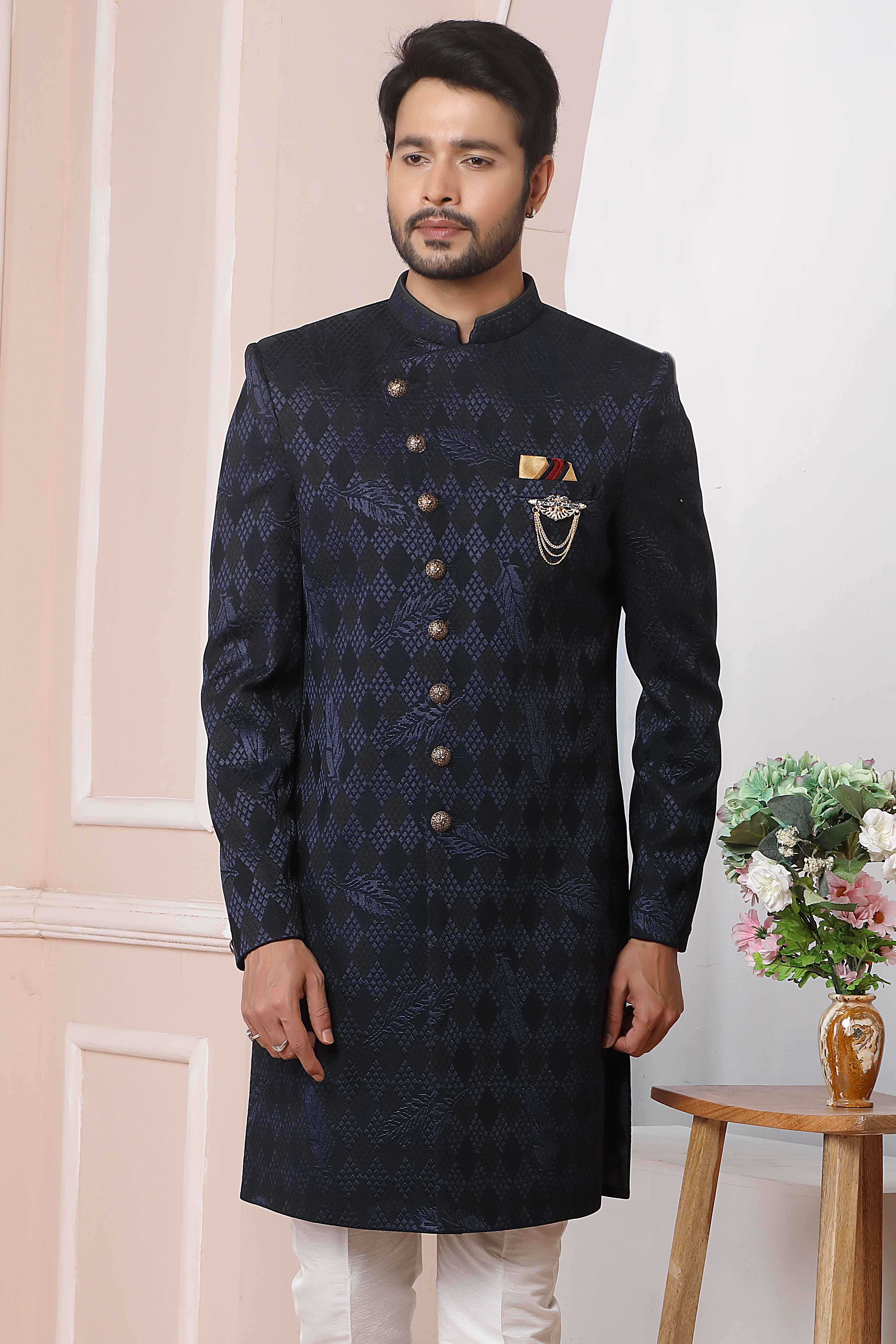 Raivat Ethnic Velvet Jacquard Silk Thread Work Indo Western In Blue Colour - Distacart