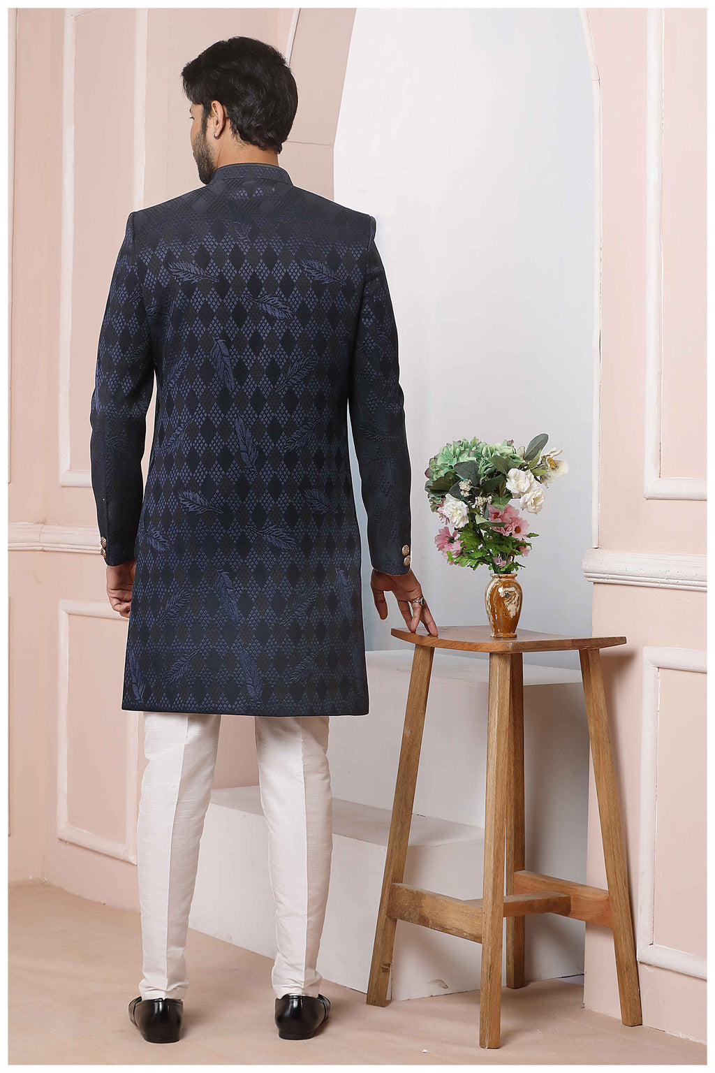 Raivat Ethnic Velvet Jacquard Silk Thread Work Indo Western In Blue Colour - Distacart