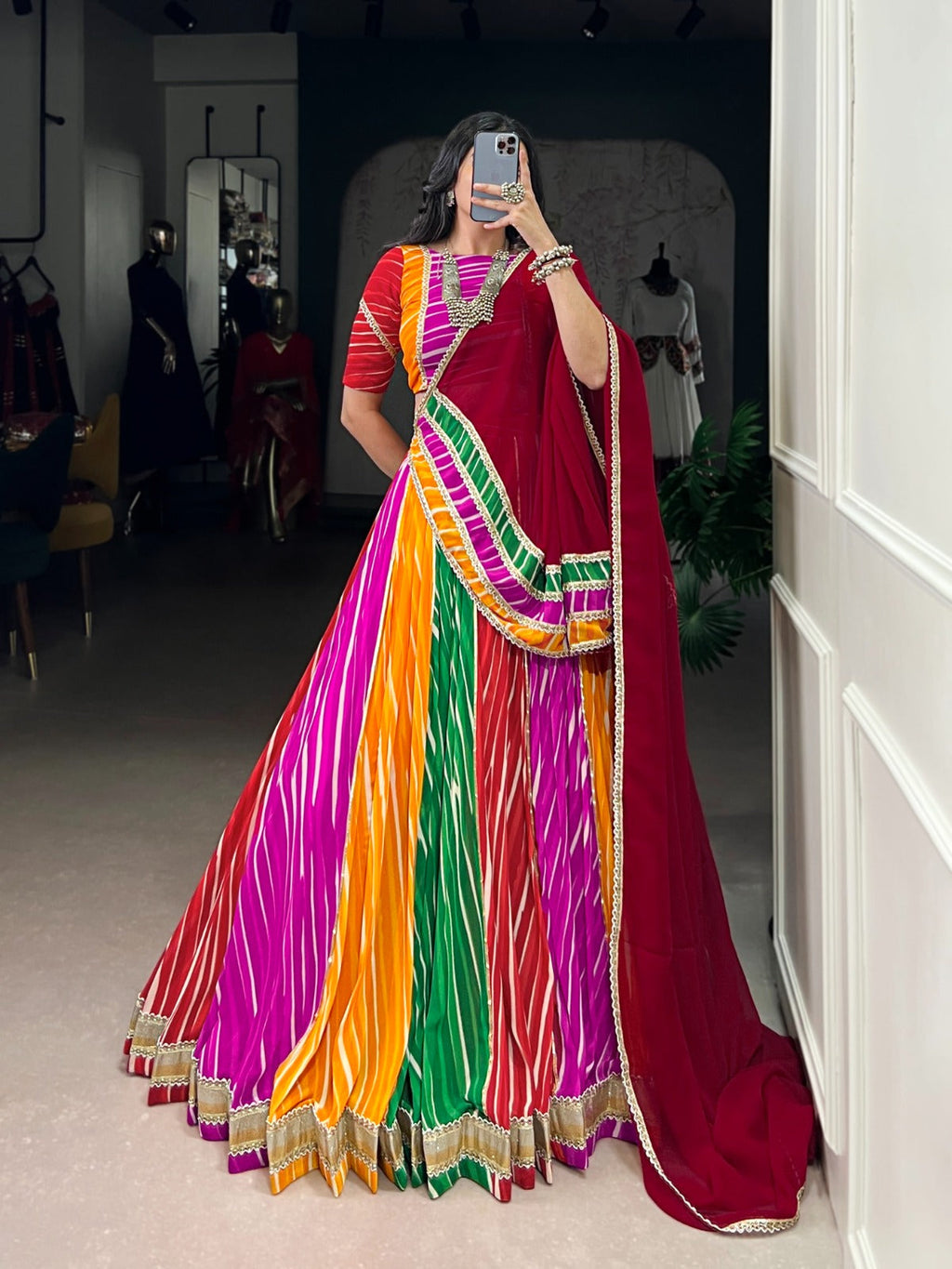 Lorenvalley Fashion Multicolor Georgette Leheriya Print with Embossed Design Lace Touch Up Lehenga Choli with Dupatta