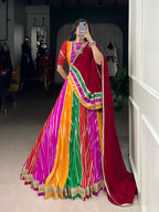 Lorenvalley Fashion Multicolor Georgette Leheriya Print with Embossed Design Lace Touch Up Lehenga Choli with Dupatta