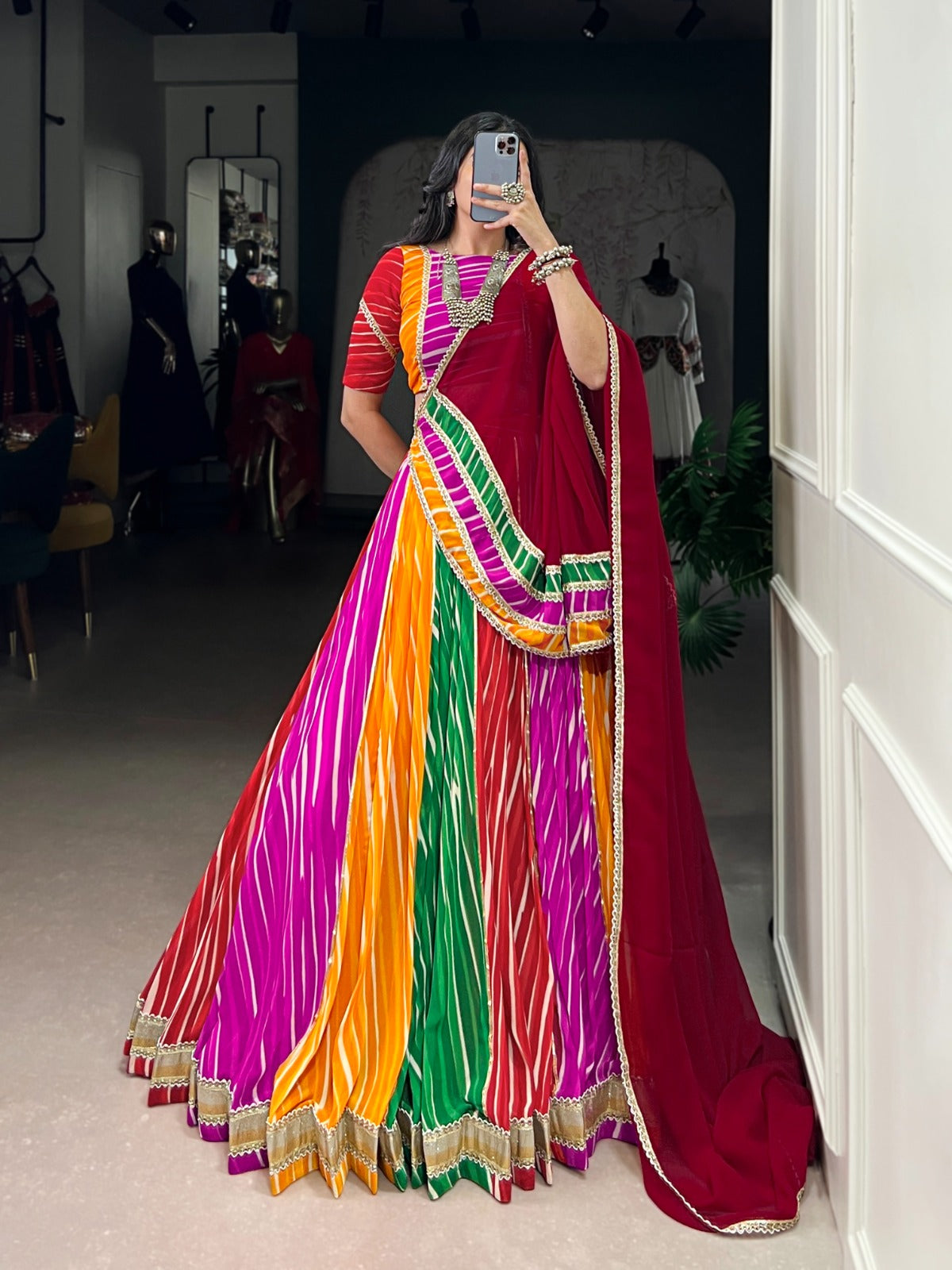 Lorenvalley Fashion Multicolor Georgette Leheriya Print with Embossed Design Lace Touch Up Lehenga Choli with Dupatta