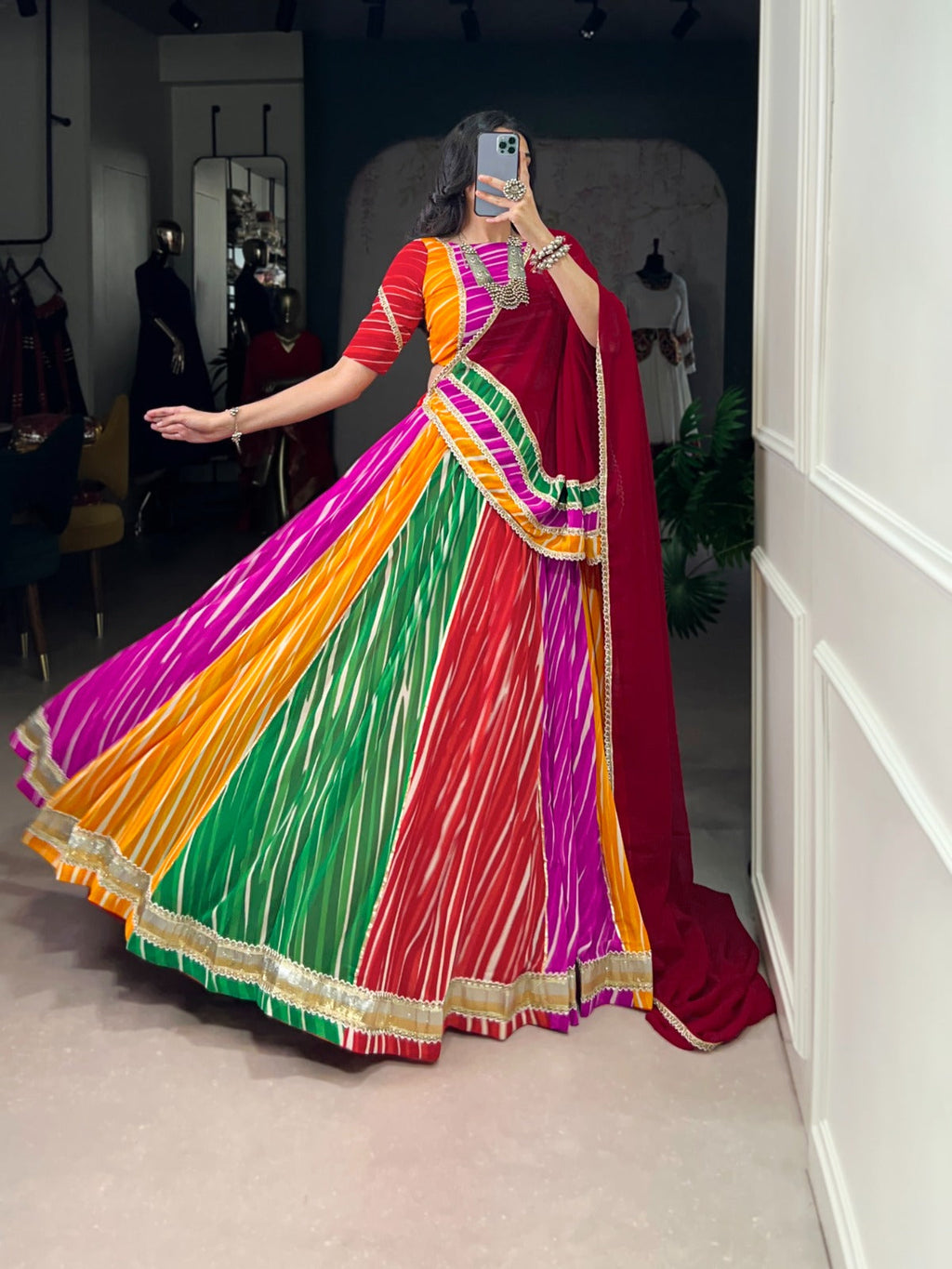 Lorenvalley Fashion Multicolor Georgette Leheriya Print with Embossed Design Lace Touch Up Lehenga Choli with Dupatta