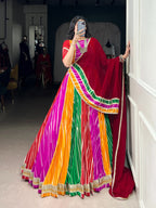 Lorenvalley Fashion Multicolor Georgette Leheriya Print with Embossed Design Lace Touch Up Lehenga Choli with Dupatta