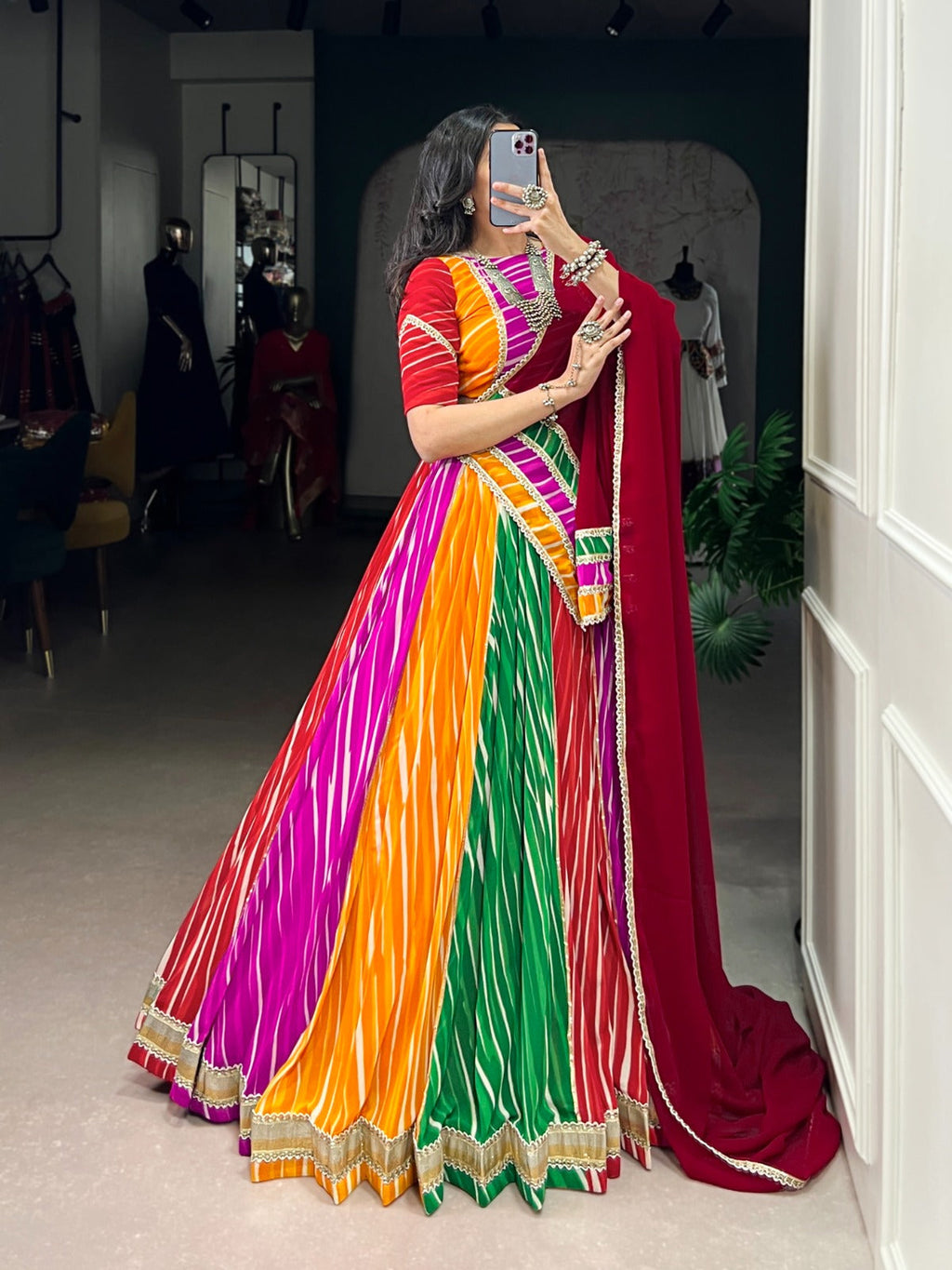 Lorenvalley Fashion Multicolor Georgette Leheriya Print with Embossed Design Lace Touch Up Lehenga Choli with Dupatta