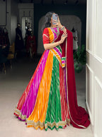 Lorenvalley Fashion Multicolor Georgette Leheriya Print with Embossed Design Lace Touch Up Lehenga Choli with Dupatta