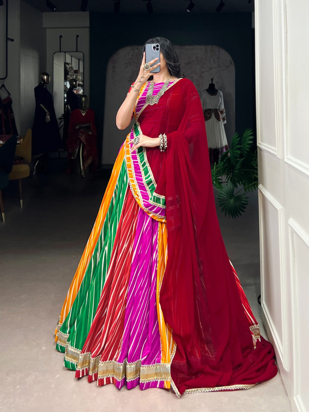 Lorenvalley Fashion Multicolor Georgette Leheriya Print with Embossed Design Lace Touch Up Lehenga Choli with Dupatta