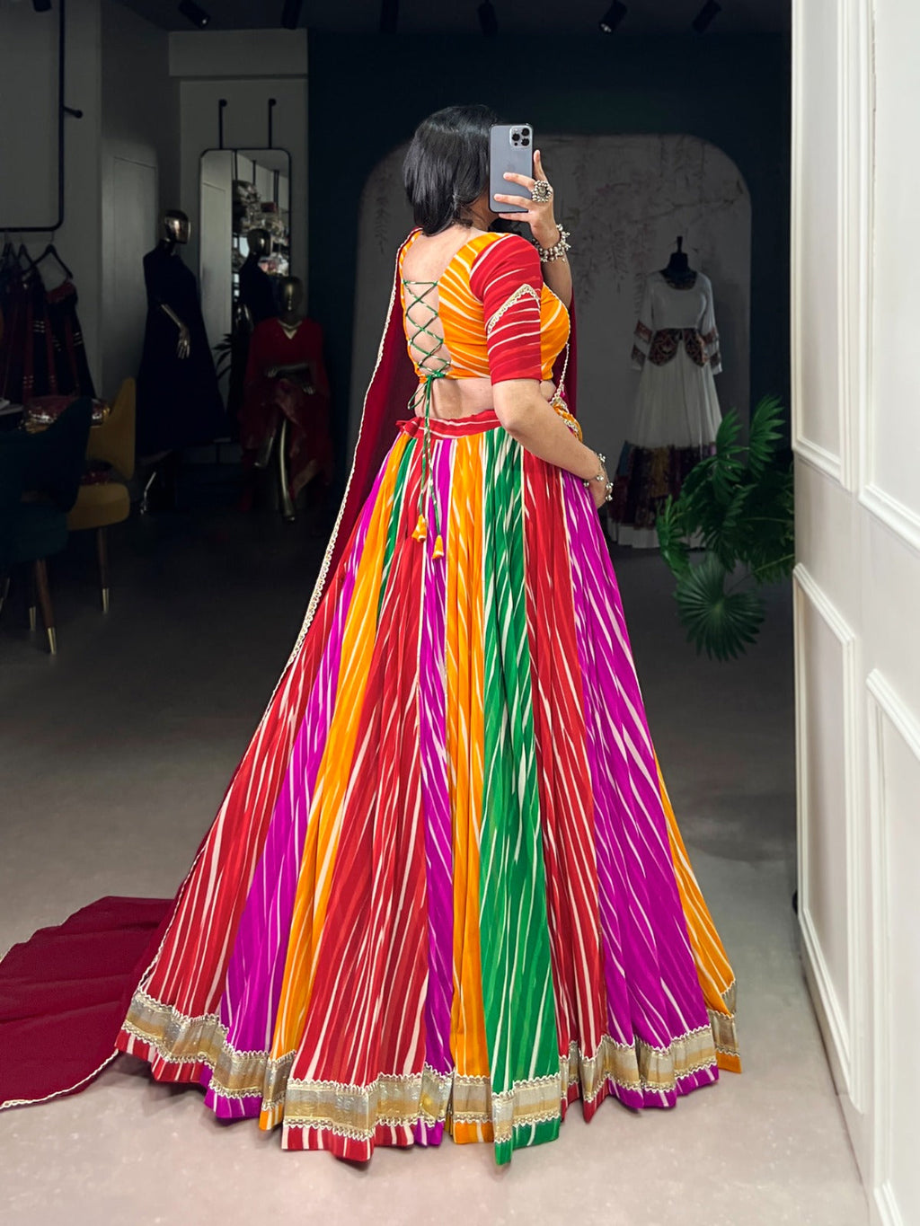 Lorenvalley Fashion Multicolor Georgette Leheriya Print with Embossed Design Lace Touch Up Lehenga Choli with Dupatta