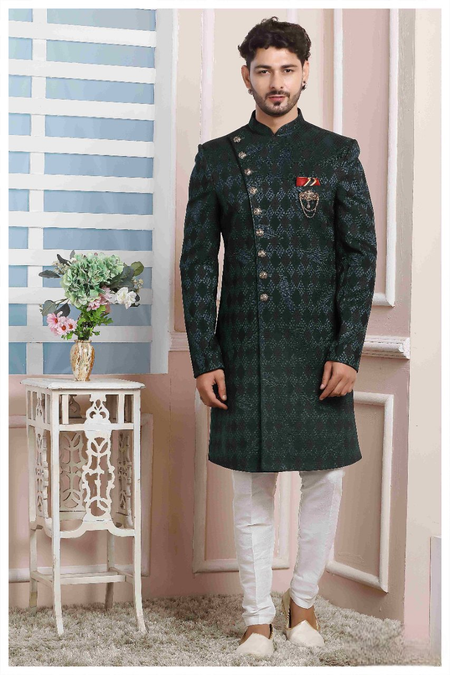 Raivat Ethnic Velvet Jacquard Silk Thread Work Indo Western In Dark Green Colour