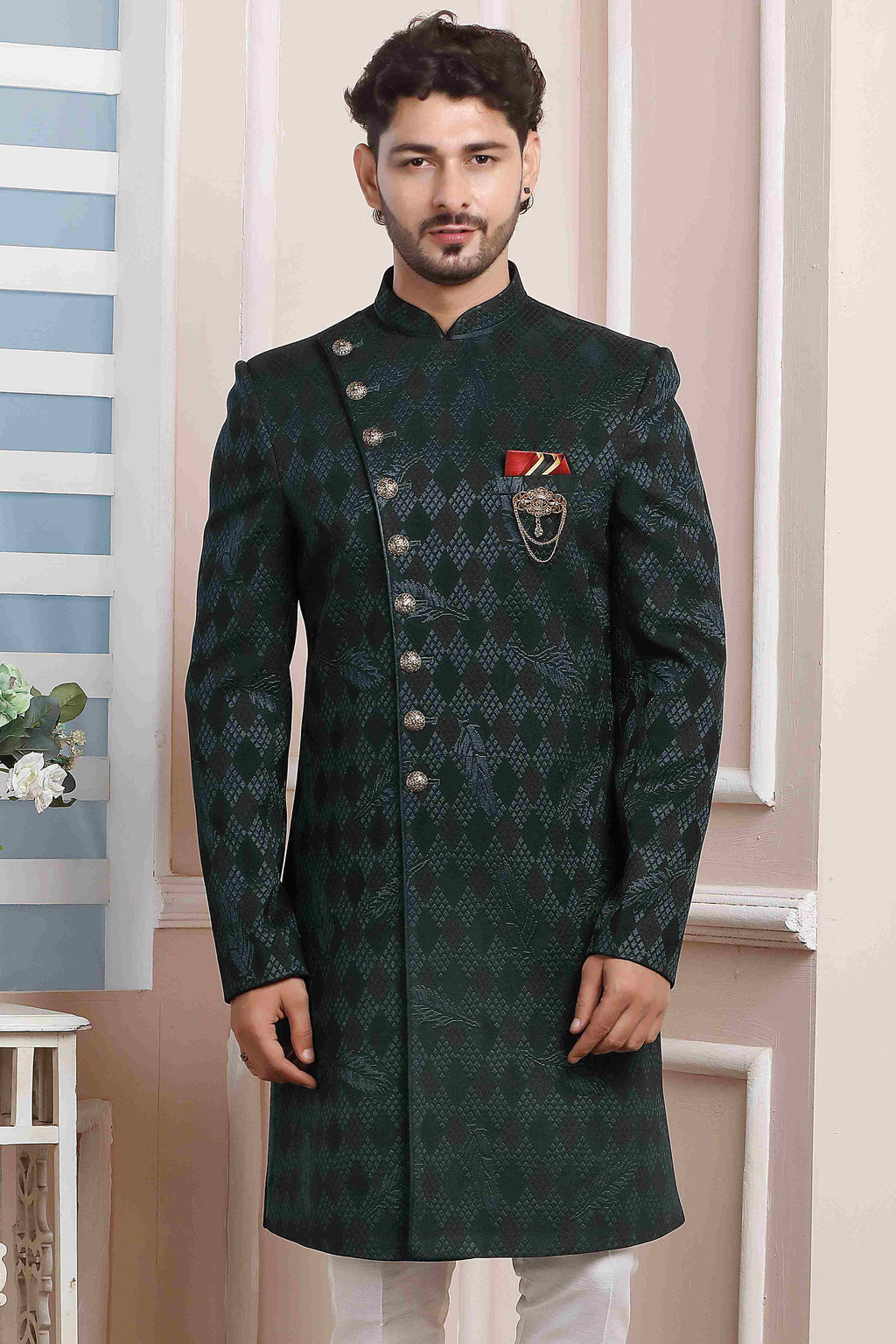 Raivat Ethnic Velvet Jacquard Silk Thread Work Indo Western In Dark Green Colour - Distacart