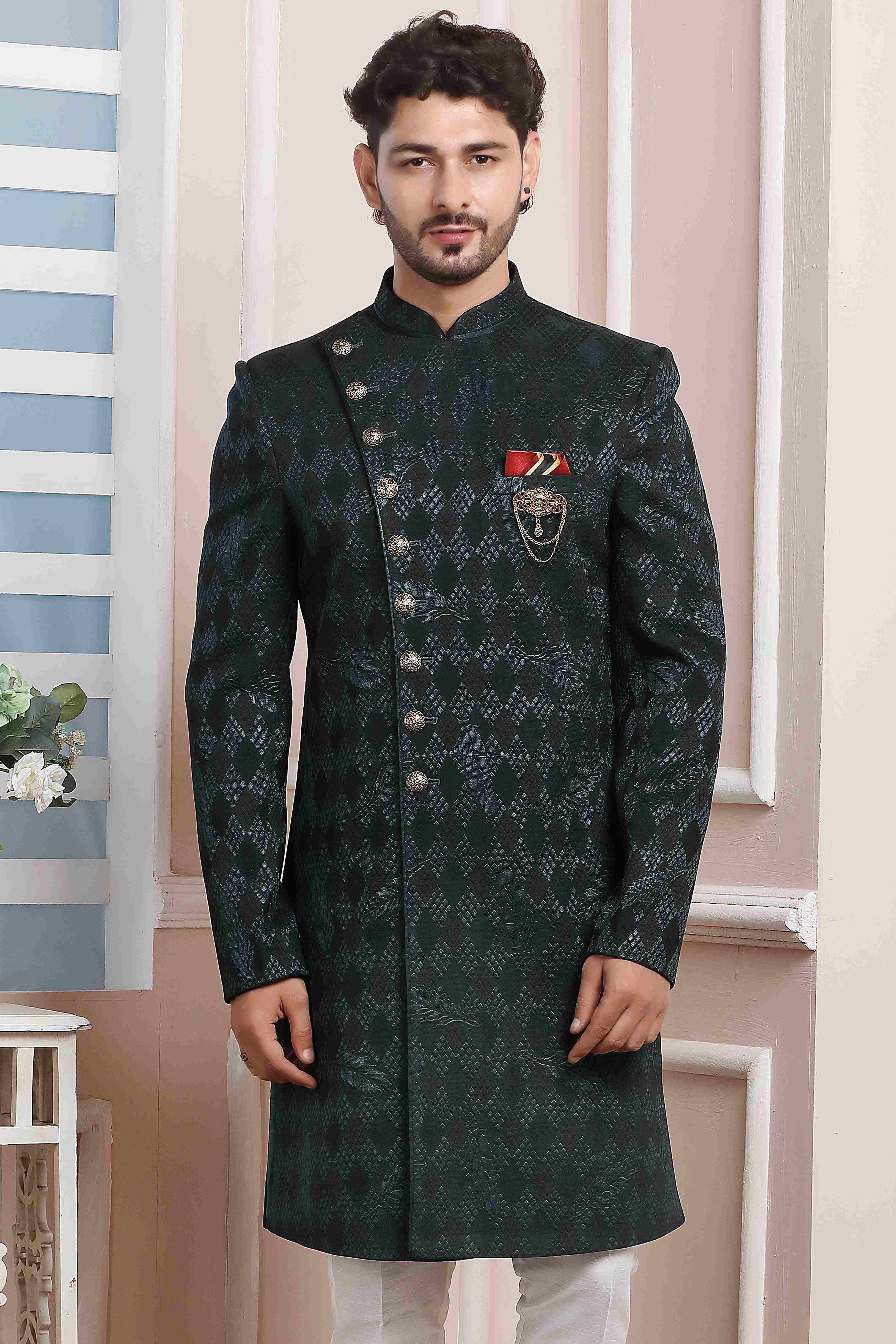 Raivat Ethnic Velvet Jacquard Silk Thread Work Indo Western In Dark Green Colour - Distacart