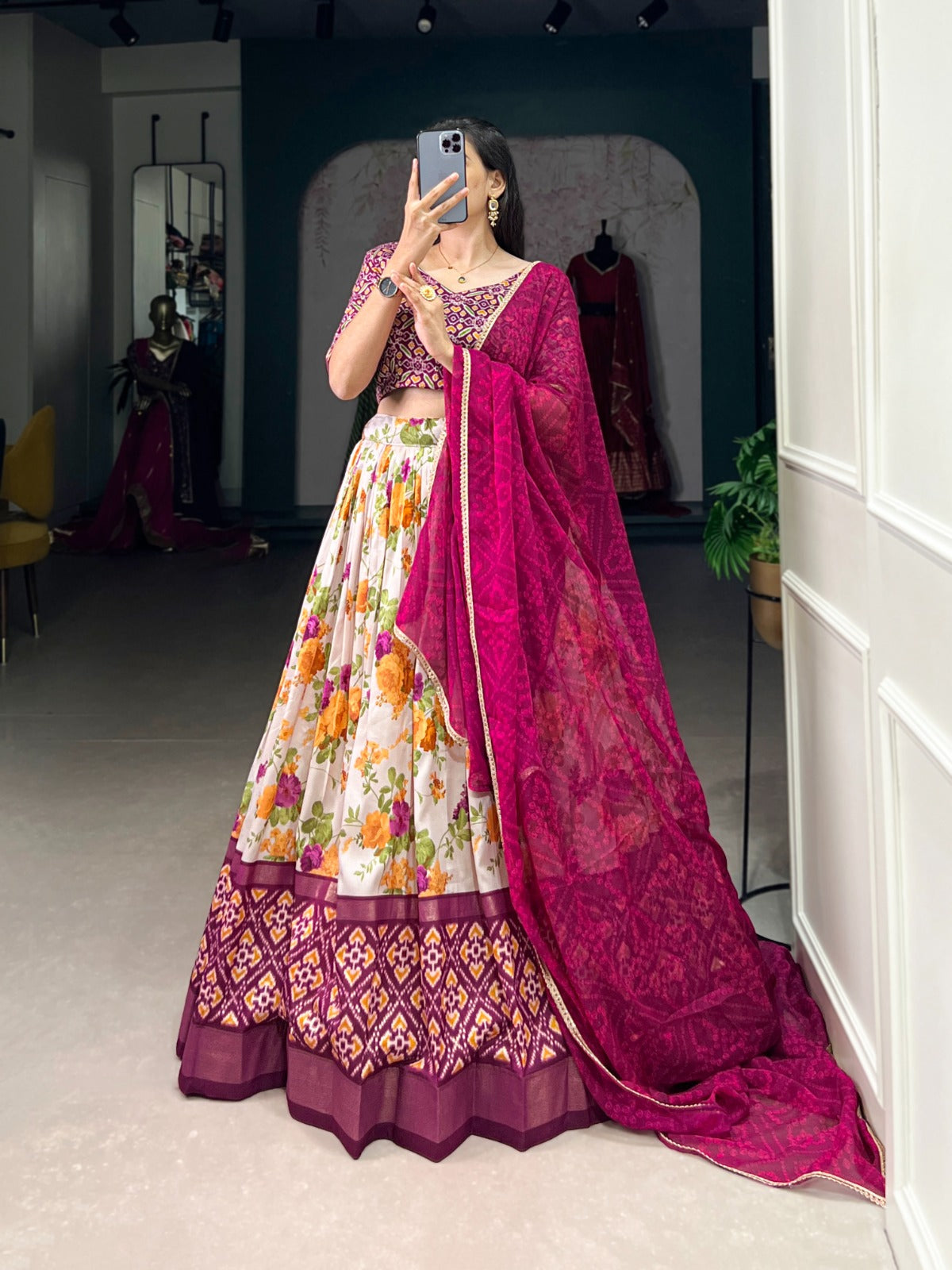 Lorenvalley Fashion Multicolor Tasar Silk Floral and Patola Print with Foil Work Lehenga Choli with Dupatta