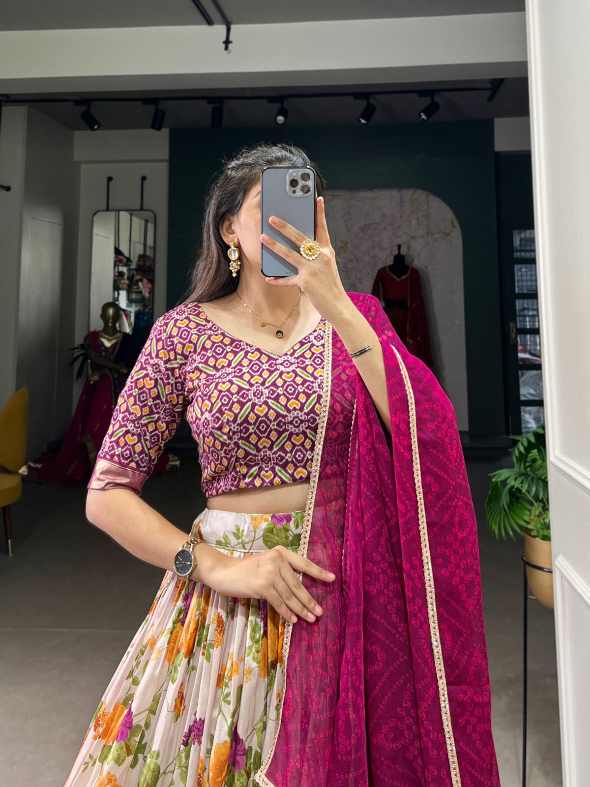 Lorenvalley Fashion Multicolor Tasar Silk Floral and Patola Print with Foil Work Lehenga Choli with Dupatta
