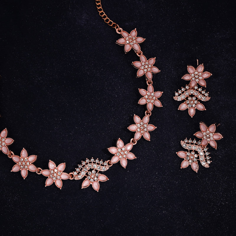 Tehzeeb Creations Baby Pink Colour Star Design Stone Studded Necklace With Earrings