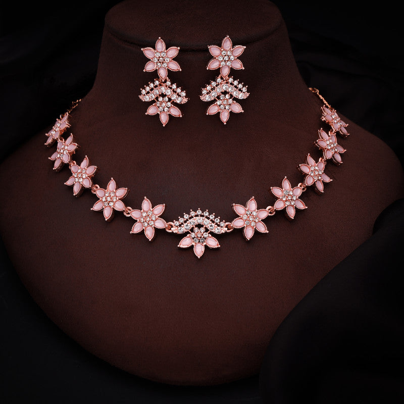 Tehzeeb Creations Baby Pink Colour Star Design Stone Studded Necklace With Earrings