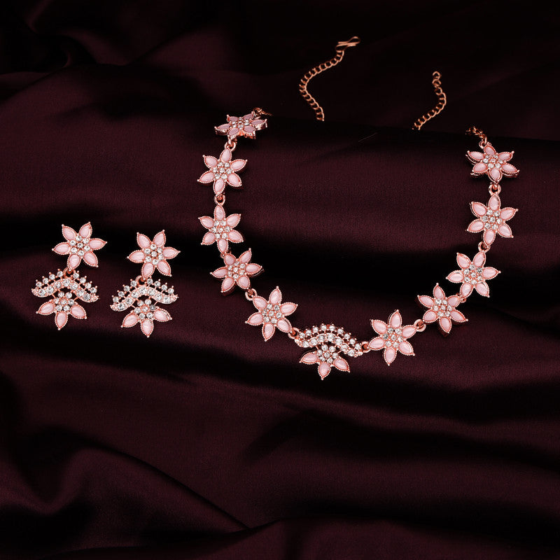 Tehzeeb Creations Baby Pink Colour Star Design Stone Studded Necklace With Earrings