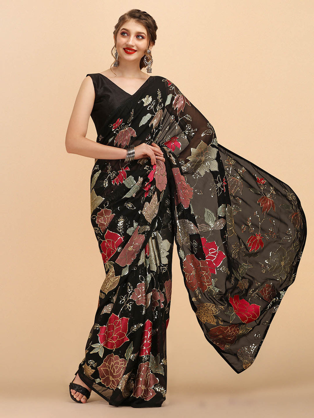 Sangria Black & Red Floral Sequinned Pure Georgette Saree - Distacart