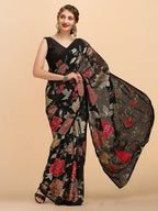 Sangria Black & Red Floral Sequinned Pure Georgette Saree - Distacart