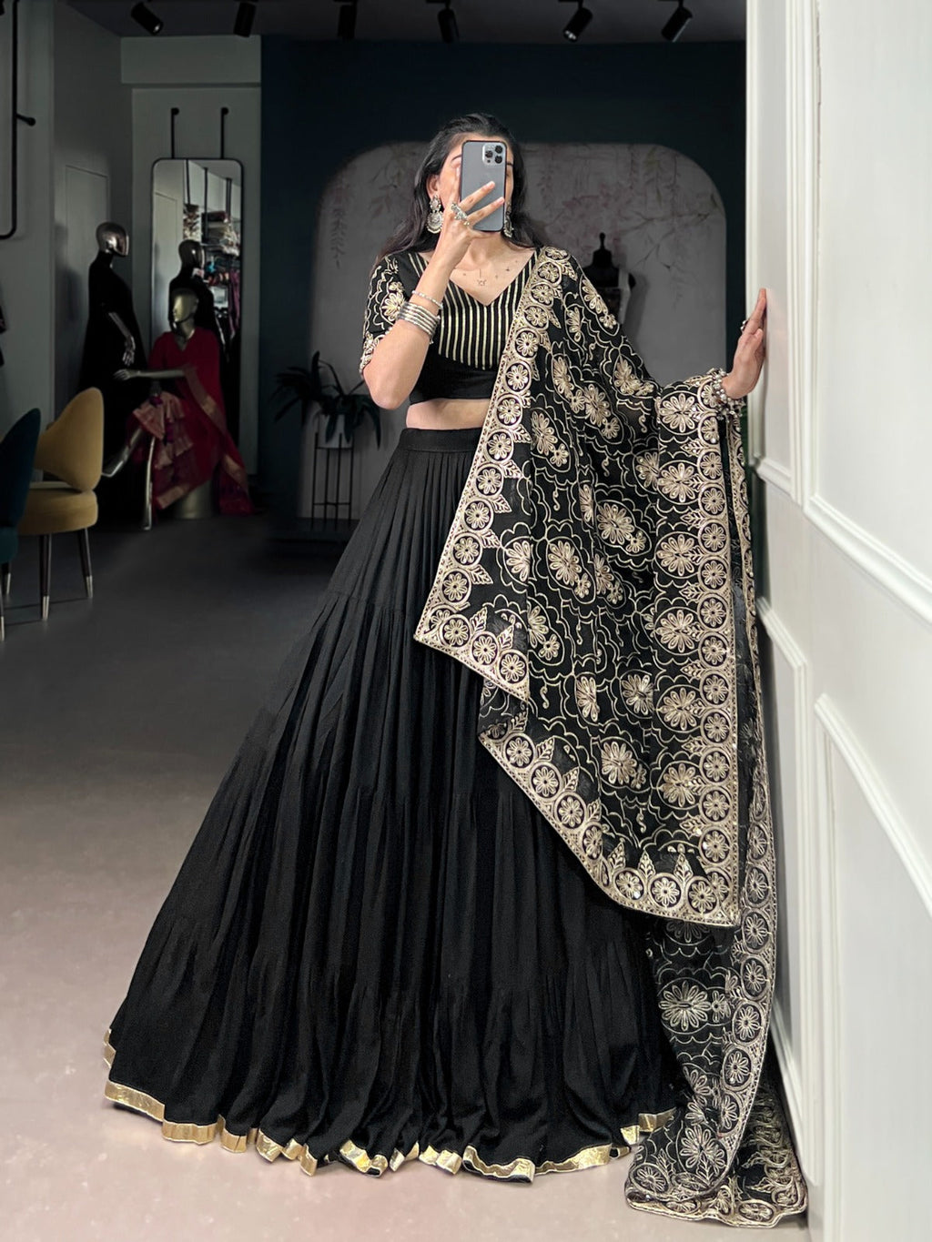 Lorenvalley Fashion Black Pure Rayon Embossed Design Lace Border Lehenga Choli with Dupatta